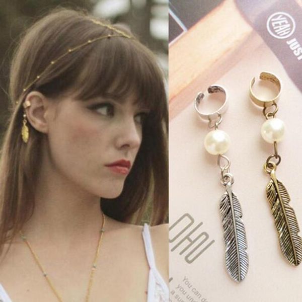 

dangle & chandelier explosion retro jewelry pearl leaf feather ear clip tassels earrings a single price, Silver