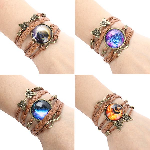

wholesale-multilayer braided bracelets universe glass cabochons image bronze infinity butterfly weave leather bracelets, Golden;silver