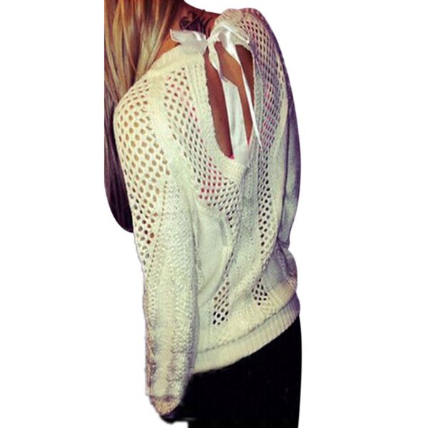 

wholesale-zanzea 2016 women long sleeve sweater jumper backless bowknot hollow out casual solid pullovers knitted knitwear s-3xl pull, White;black