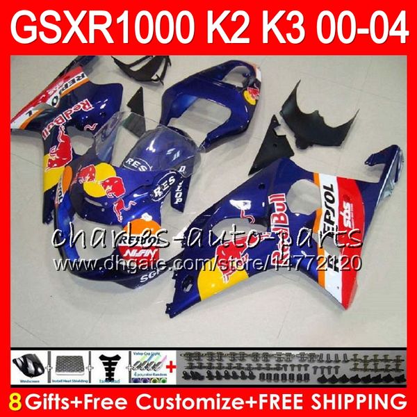 

8Gifts 23Colors For SUZUKI GSXR1000 00 01 02 03 04 K2 14NO71 glossy blue GSXR-1000 GSX R1000 2000 2001 2002 K3 GSXR 1000 2003 2004 Fairing