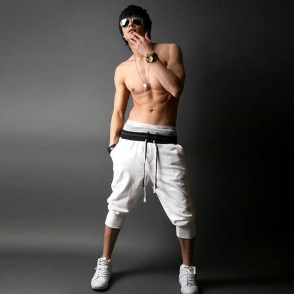 

wholesale-summer men's dance baggy pants jogger cropped trouser casual slacks 5 sizes hot, Black