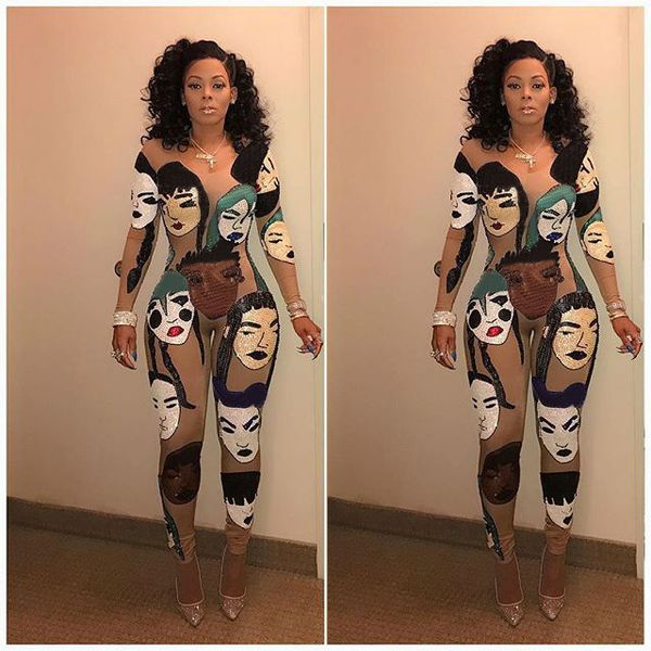 

wholesale- euramerican round neck long sleeves head portrait printed qmilch one-piece skinny jumpsuits, Black;white