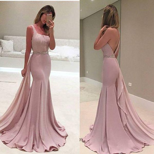 

2017 skin pink sheer long prom dresses chiffon crystal mermaid prom dresses scoop backless formal women celebrity pageant gowns, Black