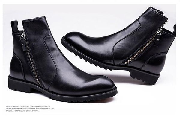 

luxury zip boots men genuine leather brown male shoes business wedding shoes, Black