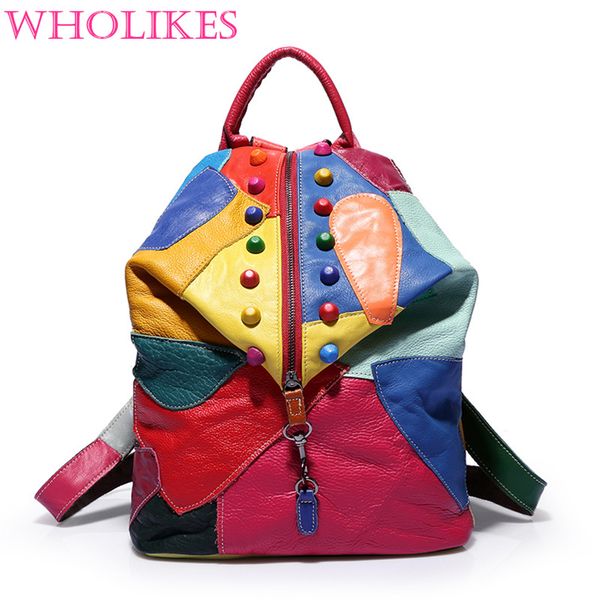 

wholesale- wholikes 2017 fashion new punk wind 100% genuine leather splicing zipper backpack teenagers personality backpack female