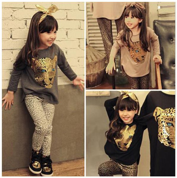 2017 DHL spedizione gratuita Toddler Girls Set di abbigliamento Neonate Abbigliamento per bambini Abbigliamento per bambini Maglietta a maniche lunghe Leopard Legging Vestidos