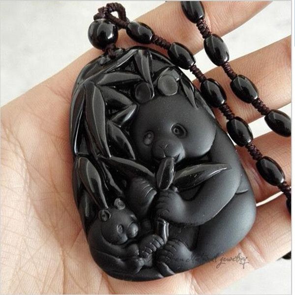 

more style unique natural black obsidian panda lucky amulet pendant necklace for women men pendants jewelry, Silver