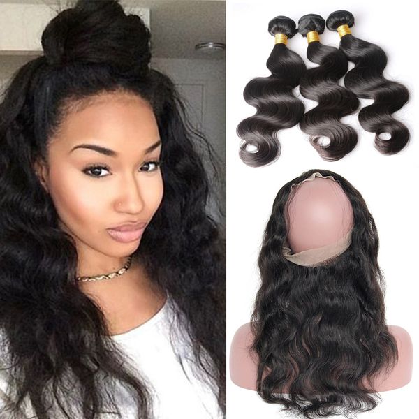 

Pre Plucked Brazilian Body Wave Hair Weaves With 360 Lace Band Frontal Virgin Human Hair With Bady Hair 4pcs/lot