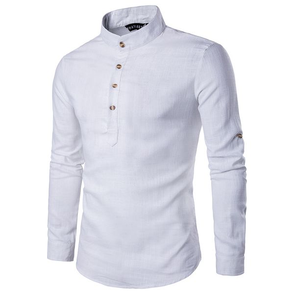 

wholesale- stylish linen shirts men/boy 2017 spring new long sleeve mens shirts chemise homme stand collar slim fit social camisa masculina, White;black