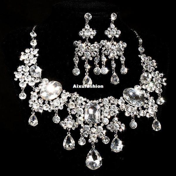

gorgeous design dazzling disperse stone drop pear shape clear color cubic rhinestone crystal bridal jewelry set for party gifts, Silver