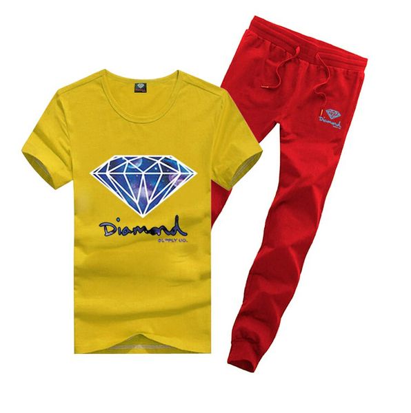 

d101 s-5xl new men leisure diamond supply t-shirt and long pants suit o-neck elastic waist tracksuits, Gray