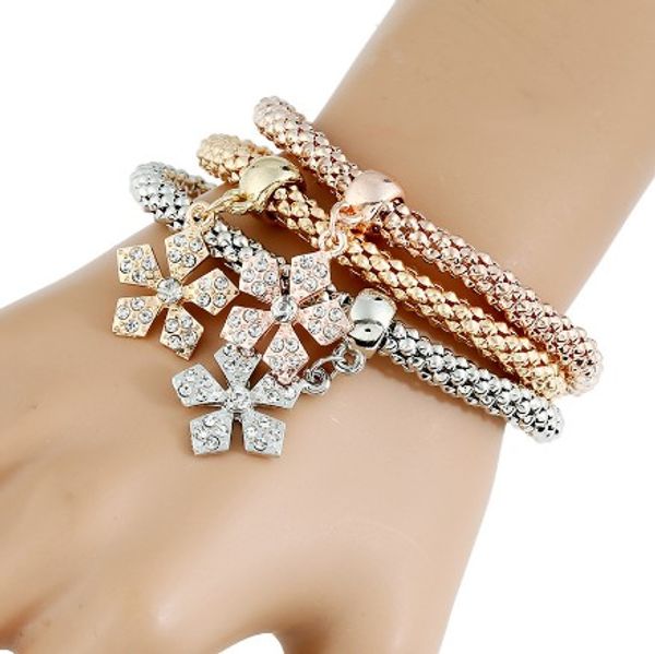 

corn bracelet set girl/lady snow flake pendant three in one gold /silver /rose gold corn chain bracelet sets, Golden;silver
