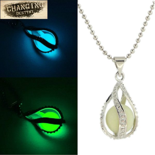 Wholesale-New Water Drop Locket Glow In The Dark Pendant Necklaces Glowing Luminous Stone  Vintage Necklaces Halloween Christmas Gift