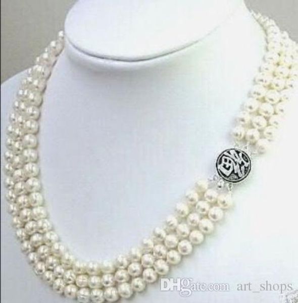 

stuning new 3rows 7-8mm white fw pearl necklace, Silver