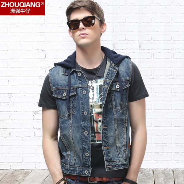 

wholesale- men's denim vest male 2017 spring and autumn vests slim sleeveless jackets male jacket with a hood waistcoat outerwear, Black;white