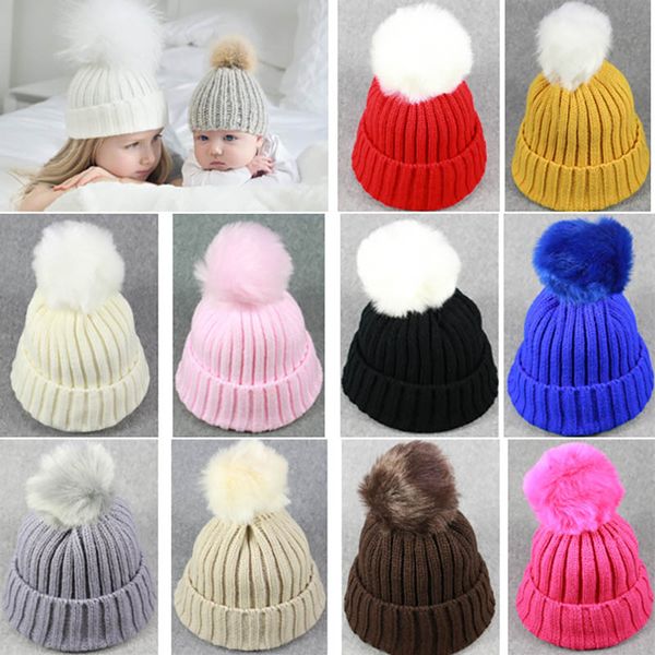 

2017 new baby toddler knit beanie hats girls boys warm winter fur pom hat crochet ski ball caps christmas halloween gifts hh7-130, Yellow