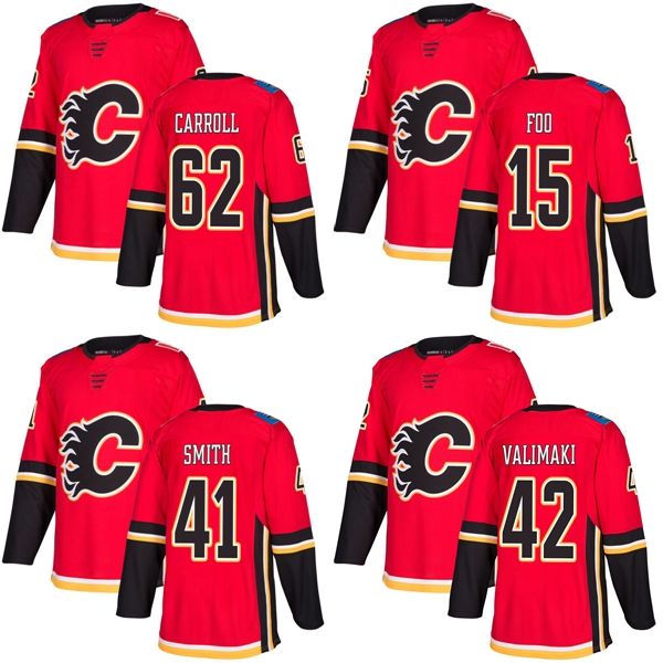 

2017 new brand mens calgary flames 15 spencer foo 41 mike smith 42 juuso valimaki 62 austin carroll red ice hockey jerseys accept custom, Black;red