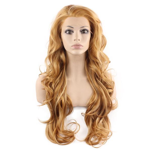 

long wavy highlight blonde natural synthetic lace front wig, Black