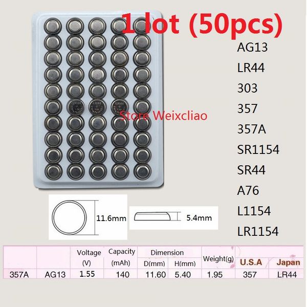 

50pcs 1 серия AG13 LR44 303 357 357A SR1154 SR44 A76 L1154 LR1154 1.55V щелочная батарея для батарейки аккумул