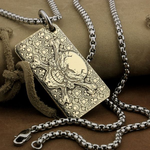 

linsion high detail deep laser engraved brass pirate skull pendant biker punk dogtag 9x033b steel necklace 24 inches, Silver