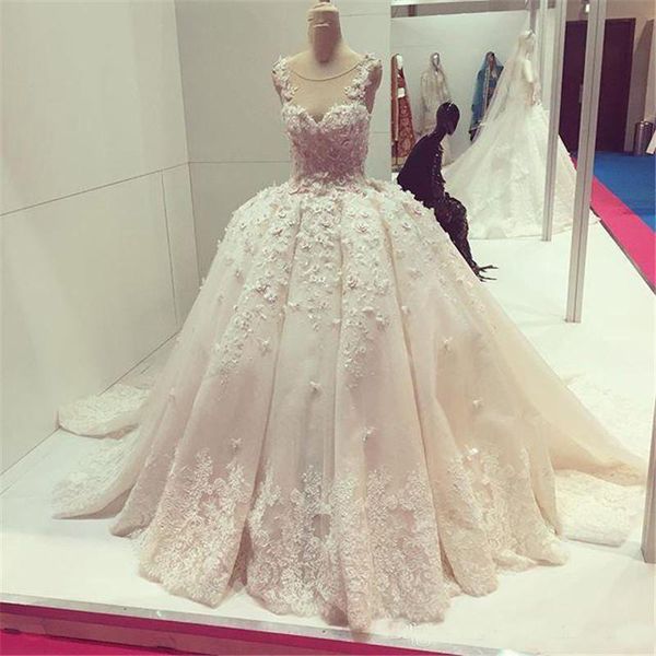

Real Photo Ball Gown Wedding Dresses Gowns Sexy Sheer Neck Beaded Lace Ivory African Bride Gowns Long Train Robe De Mariage