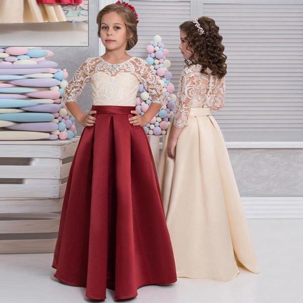 Floor Length Lace Satin Flower Girls Dresses 3 4 Long Sleeves Red