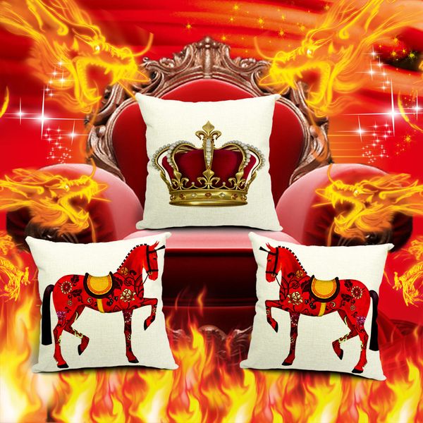 Decorativa Cavalos vermelhos Throw Pillow caso capa Europeu Royal Crown algodão linho capa de almofada para o sofá Home Decor Capa Para Almofada