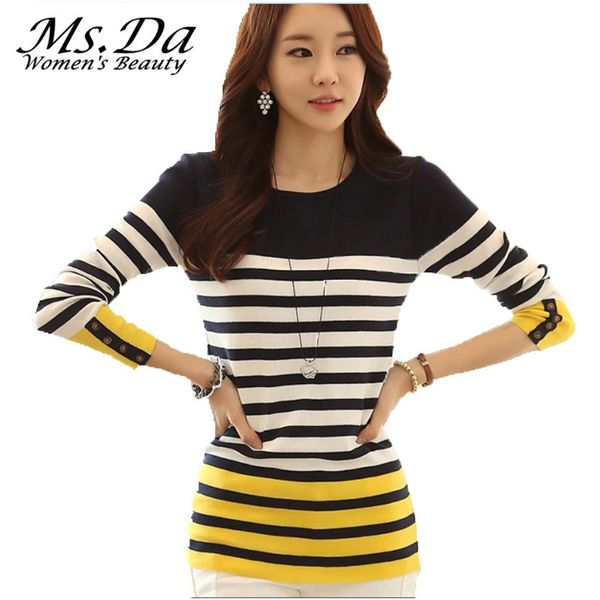 

wholesale- 2016 new women sweater and pullovers autumn striped knitted sweaters woman crochet tunics long-sleeve casual knitwear yellow, White;black