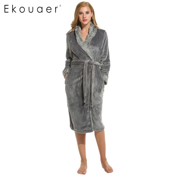 

wholesale- ekouaer warm robes for women 2017 winter new robe bathrobe women nightgown pink and gray princess sleepwear  xl, Black;red