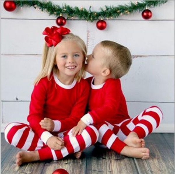 

kids clothes baby christmas pajamas boys xmas stripe nightsuits girls cotton t shirts pants outfits long sleeve trousers suits gifts, Blue;red