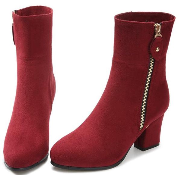 

women chunky martin boots high heels ankle boots cowskin pointed toe side zipper motorcycle boots fashion winter outdoor shoes, Black