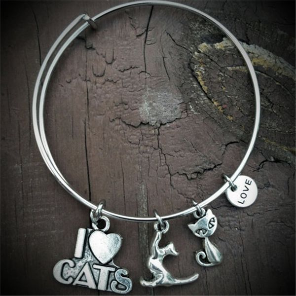 

12шт я люблю кошек регулируемый Шарм браслет серебряный тон