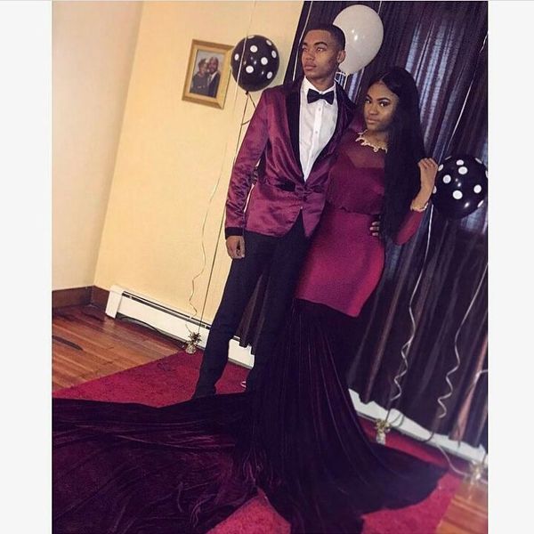 

burgundy jersey mermaid girls prom party dresses illusion o-neck sheer long sleeve formal dresses open back graduation gowns abendkleider, Black