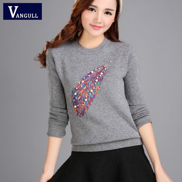 

wholesale-2016 new winter woolen long-sleeved pullover big size women's round neck fashion casual with pattern of feather sweater, White;black