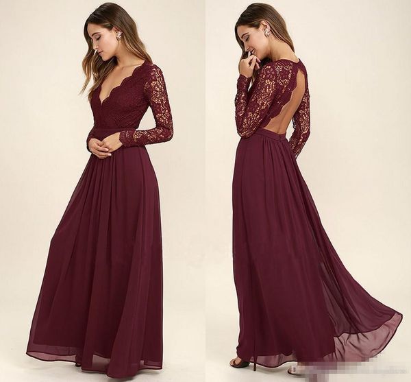 

2019 burgundy chiffon bridesmaid dresses long sleeves western country style v-neck backless long beach lace wedding party dresses cheap, White;pink