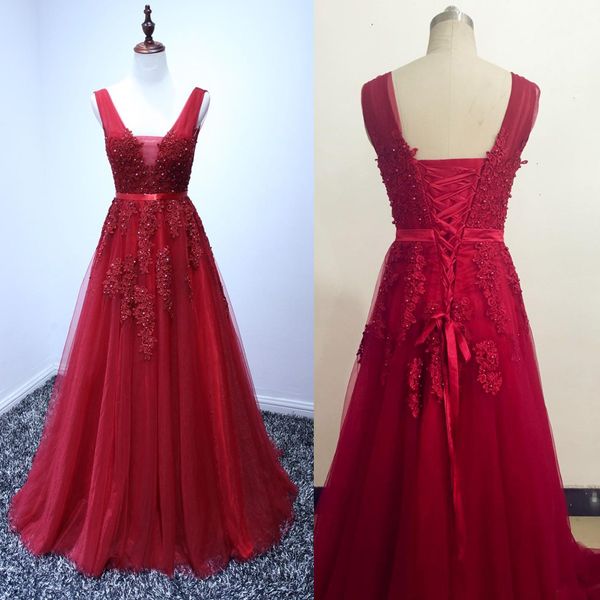

a line floor length appliques lace with pearl soft tulle evening graduation dresses real burgundy prom dresses v neck sleeveless, Black
