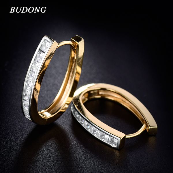 

wholesale- budong fashion large hoop earring for women silver/gold-color princess crystal cubic zirconia wedding huggie jewelry xue100, Golden;silver