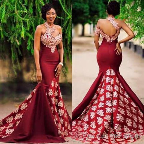 

Dark Red African Evening Dresses Long 2017 Unique One Shoulder High Neck Celebrity Dress Red Carpet Evening Party Wear