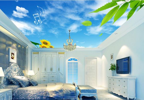 Custom 3d Sky Ceiling Wallpaper Blue Sky White Clouds Green Leaf