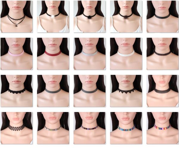 

25 styles multi-layer tattoo choker necklace charm long tassel adjustable pendants necklaces for women black lace chokers, Golden;silver