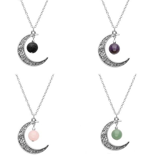 

new crystal & lava-rock stone beads necklace moon shaped pendant necklaces aromatherapy essential oil diffuser neck jewelry, Silver