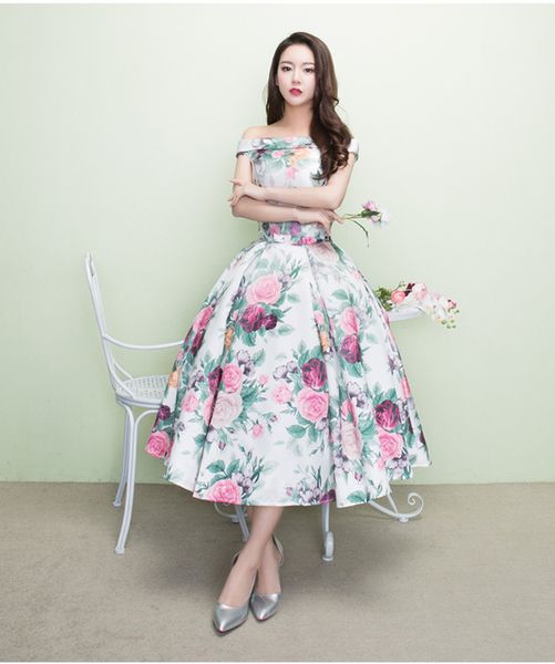

bateau vintage style чай длина короткое коктейльное платье новый 2019 популярный линия разноцветные цветочные печатные атласные платья парти, Black