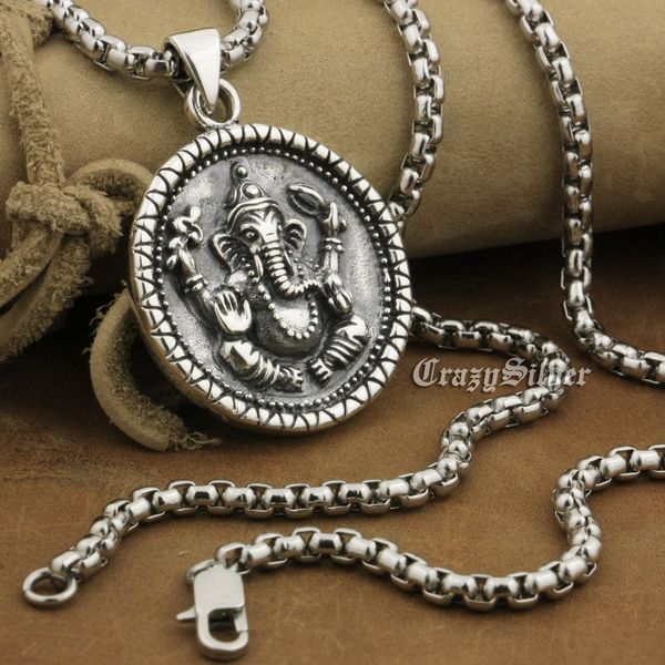 

linsion 925 sterling silver ganesh hindu lord god pendant mens biker punk round pendant 8a039 stainless steel necklace 24 inches