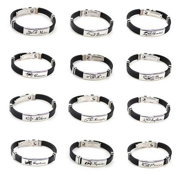 

fashion jewelry 12 constellation zodiac signs letter bracelet, stainless steel and silica gel material, aries/taurus/gemini, ing, Golden;silver