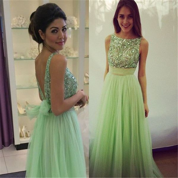 

delicate crystals tulle prom dress bowknot a-line mint green beading evening dresses open back party gowns, Black