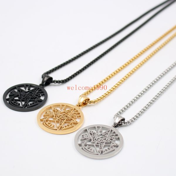 Free SHipping Best seller Ouro de prata preto de Aço Inoxidável Religiosa geométrica JEWISH pentagrama Wicca Pingente de colar de corrente Rolo 24 POLEGADA