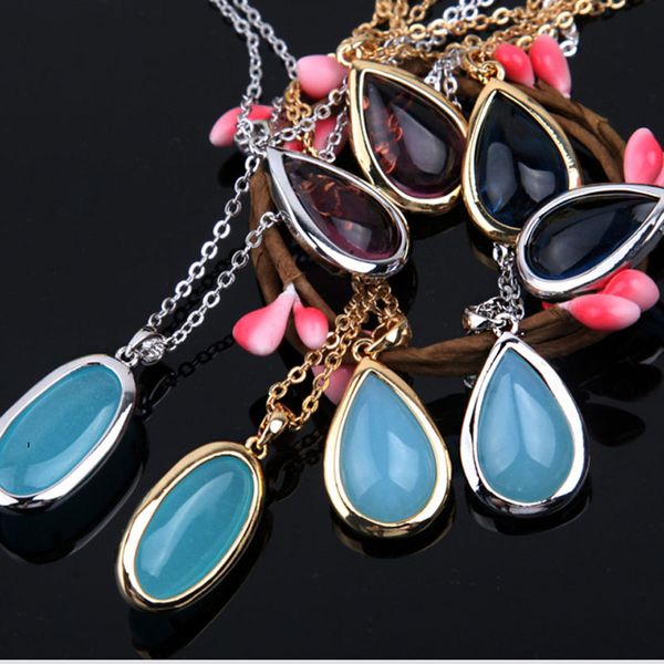 

new fashion men women mixed color natural gem love necklace water drop pendant necklaces jewelry ing, Silver