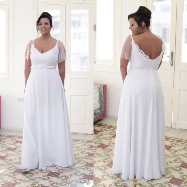 Abiti da sposa taglie forti con maniche in chiffon di pizzo lunghezza del pavimento scollo rotondo aperto sul retro cerniera abiti da sposa da spiaggia country realizzati su misura