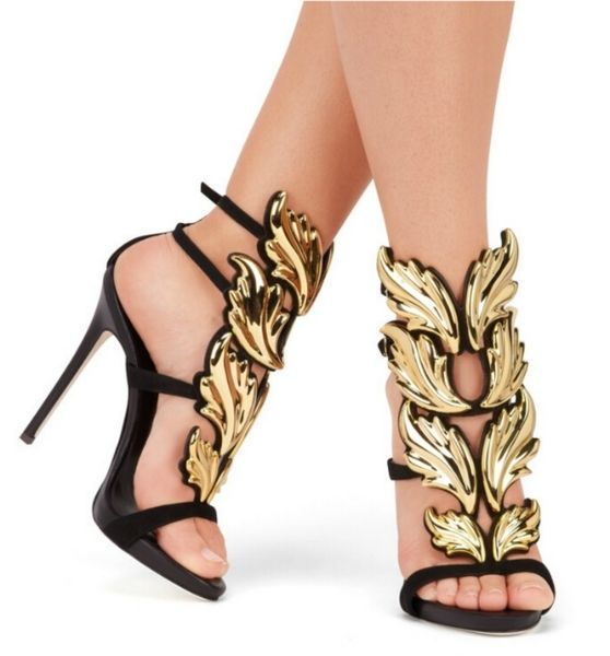 

gold silver gladiators woman wing leaf sandals summer shoes genuine leather wedding party shoes stiletto buckle high heels pumps brand, Black
