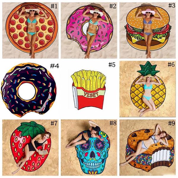 Acheter 11 Designs Serviette De Plage Ronde Pizza Hamburger Crâne Crème Glacée Fraise Smiley Emoji Ananas Pastèque Serviette De Douche Couverture